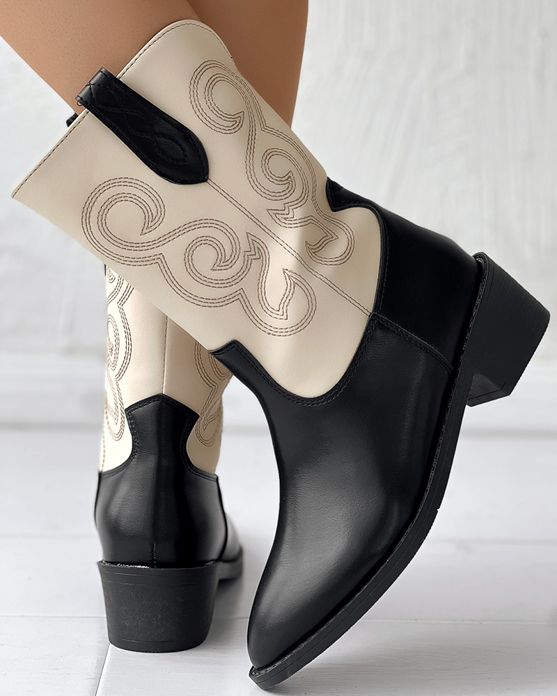 

Embroidery Colorblock Cowgirl Vintage Knight Boots, Beige