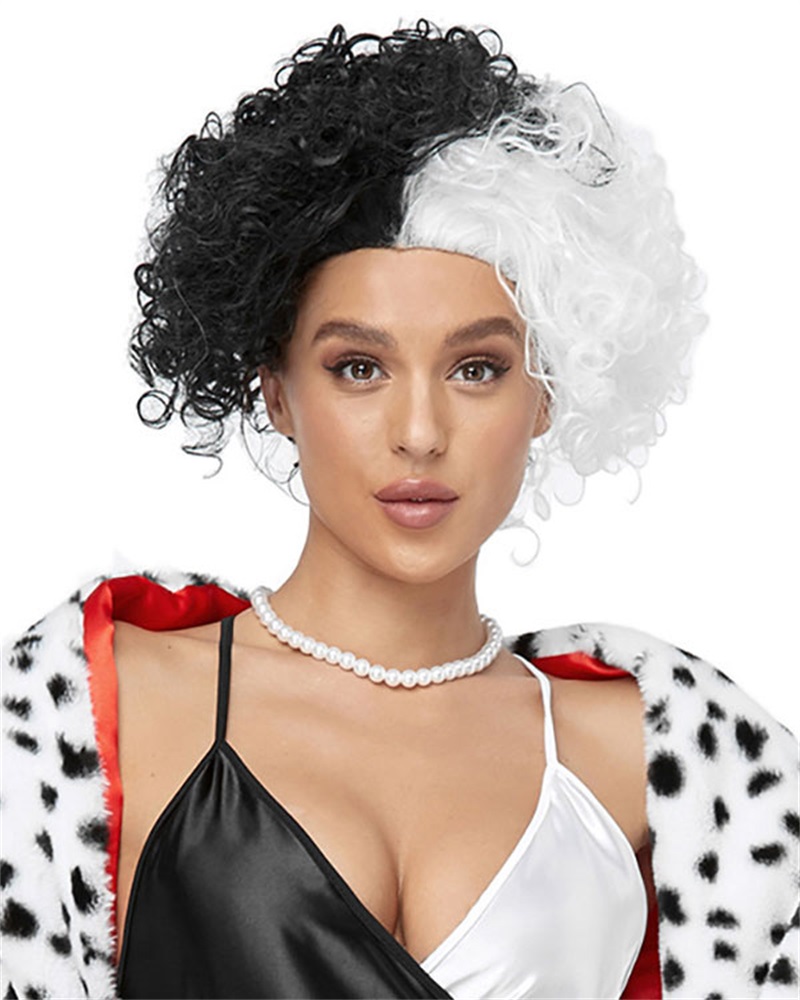 

Natural Looking Short Curly Hair Wig Two Tone Synthetic Wigs Halloween Cosplay Carnival Accessories, Blackwhite