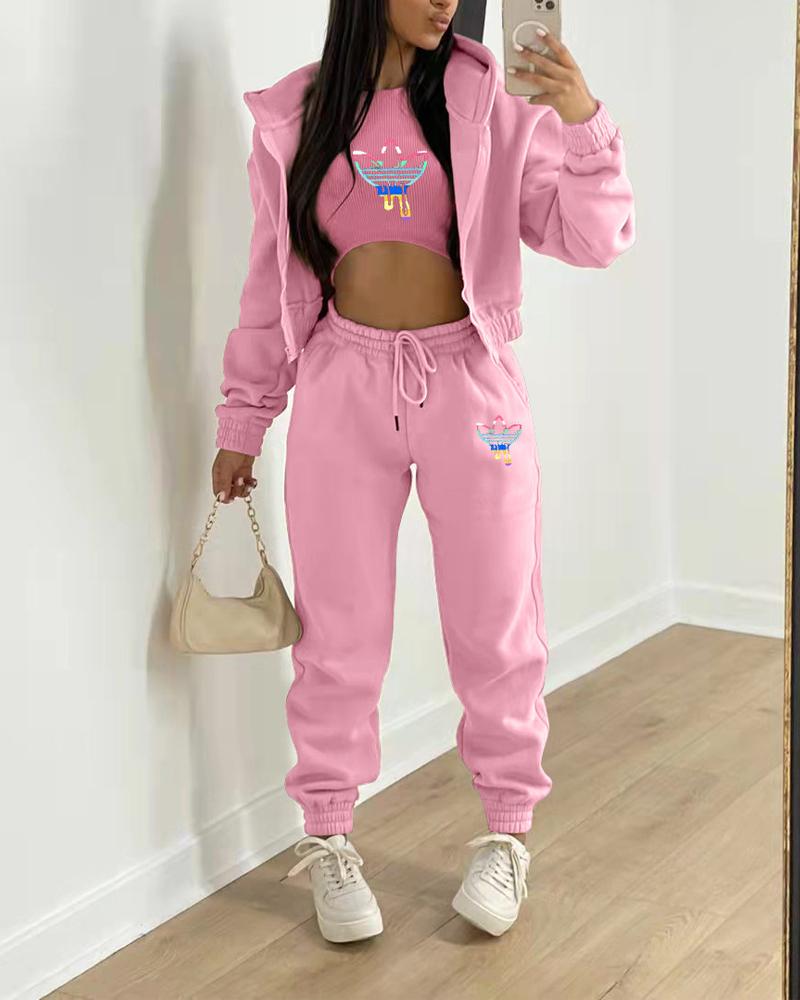 

3PCS Graphic Print Crop Tank Top & Pants Set With Coat, Pink