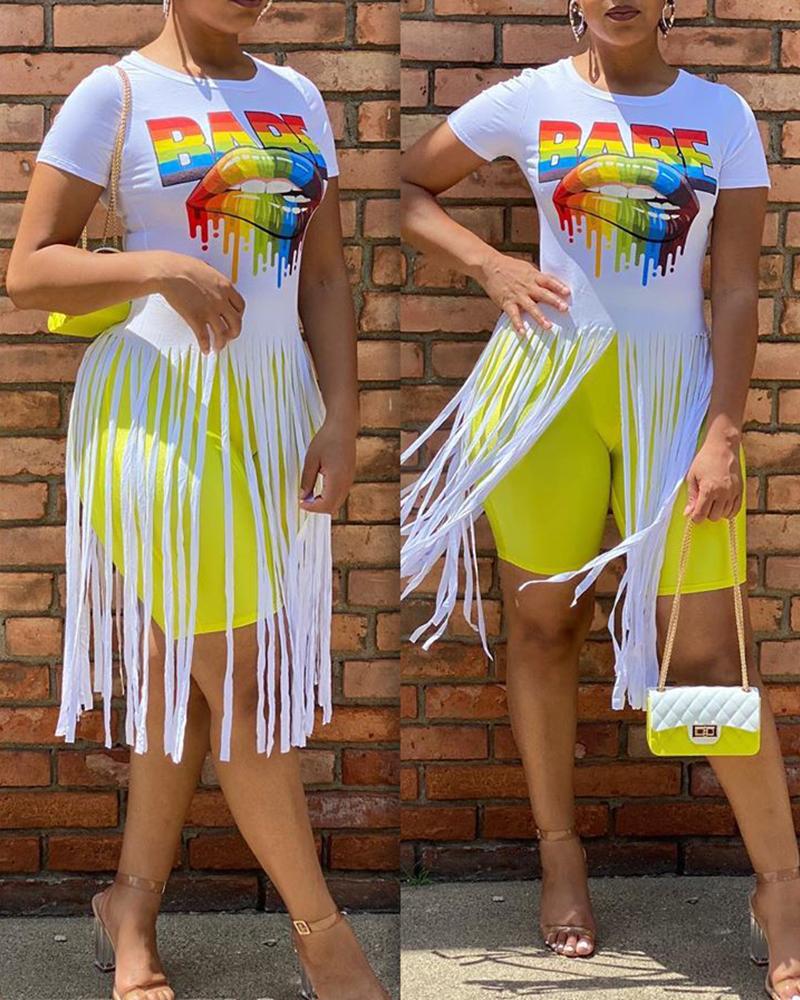 

Lip Letter Print Tassel Design Top & Shorts Set, White