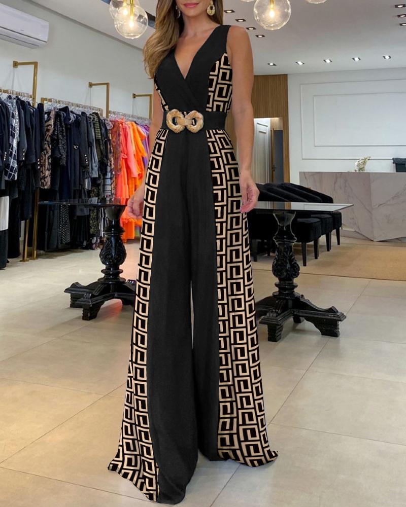 

Geometric Print Wide Leg Jumpsuit Without Belt, Black
