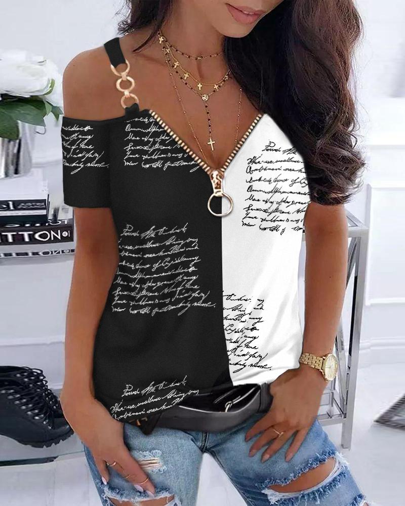 

Letter Print Colorblock Cold Shoulder Top, Blackwhite