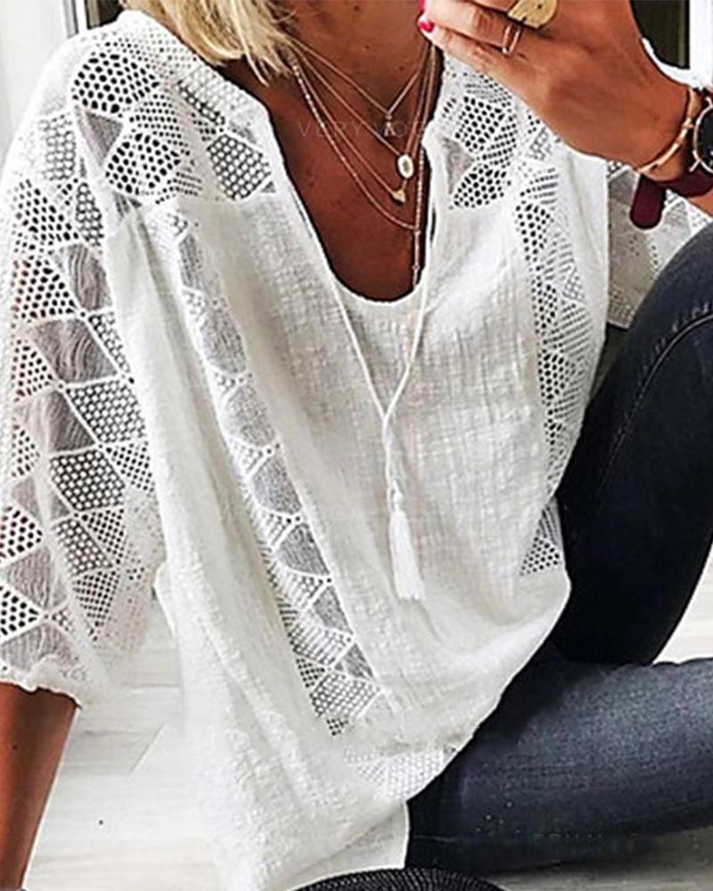 

Hollow Out Half Sleeve Drawstring Blouse, White