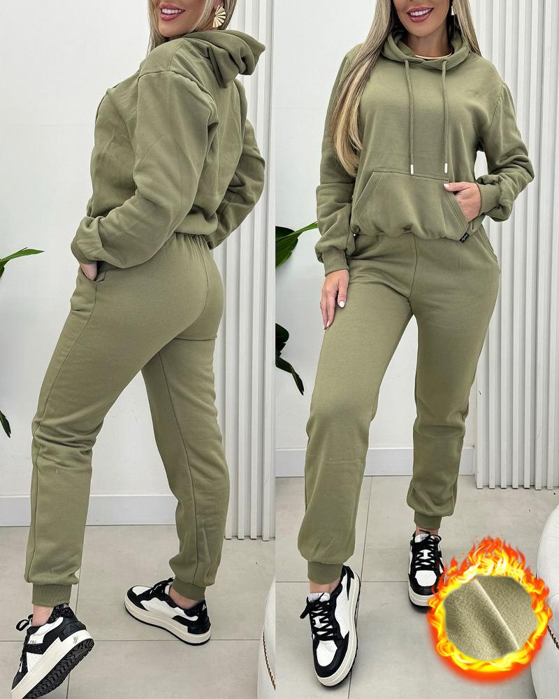 

Tenue 2 pièces Lounge Kangourou Pocket Design Sweat à capuche doublé polaire Jogger Pantalon de survêtement à revers Survêtement Ensemble de survêtement, Green