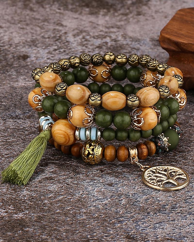 

1pc Hollow Out Plants Beaded Bohemian Multi-layer Bracelet, Army green