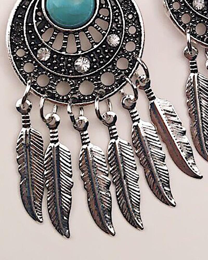 

1Pair Clan Hollow Out Feather Decor Dream Catcher Shaped Drop Earrings, Silver