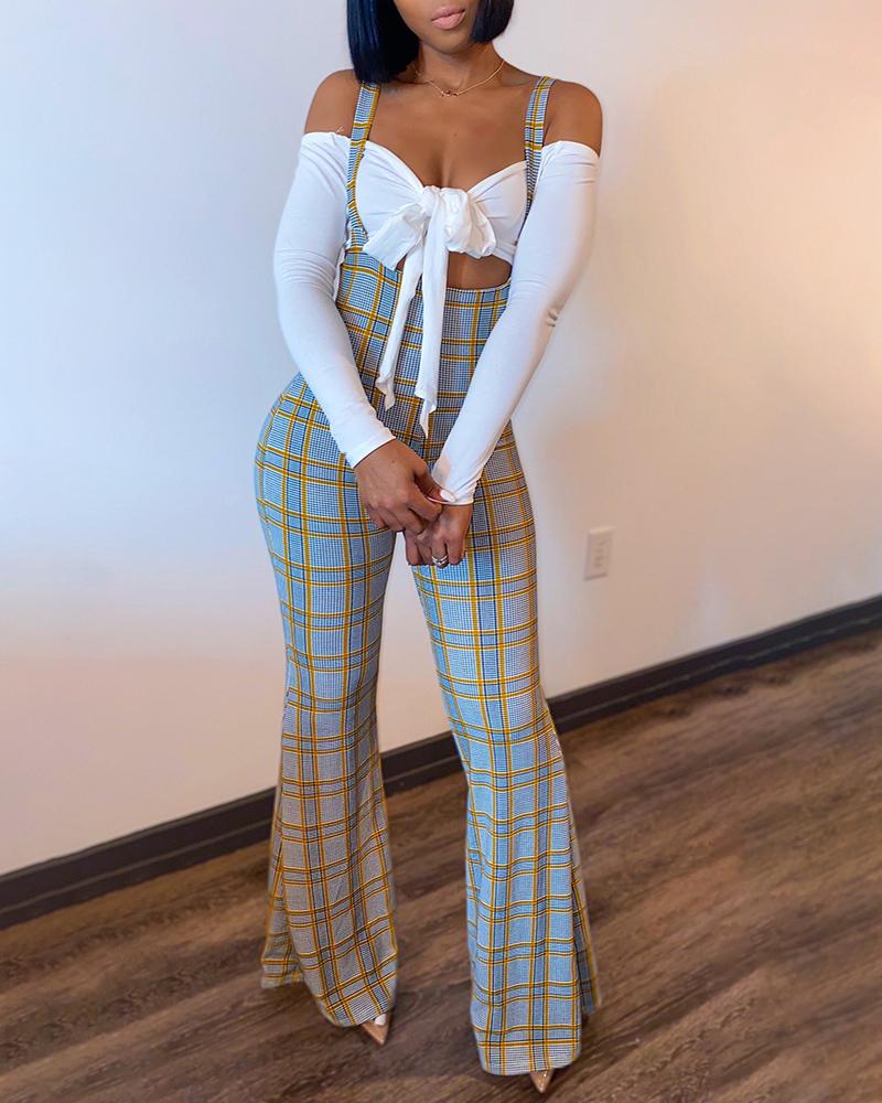 

Plain Tie Front Crop Top & Plaid Suspender Pants Set, White