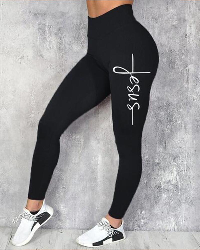 

Letter Print High Waist Tummy Control Butt Lifting Leggings, Black