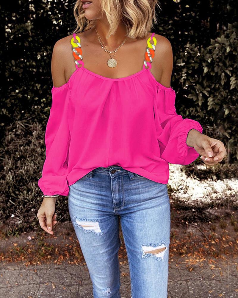 

Chain Decor Cold Shoulder Top, Hot pink