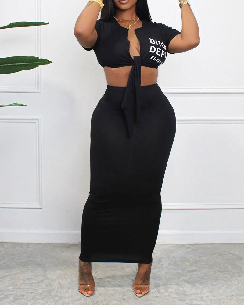 

Letter Print Tied Detail Crop Top & Skirt Set, Black