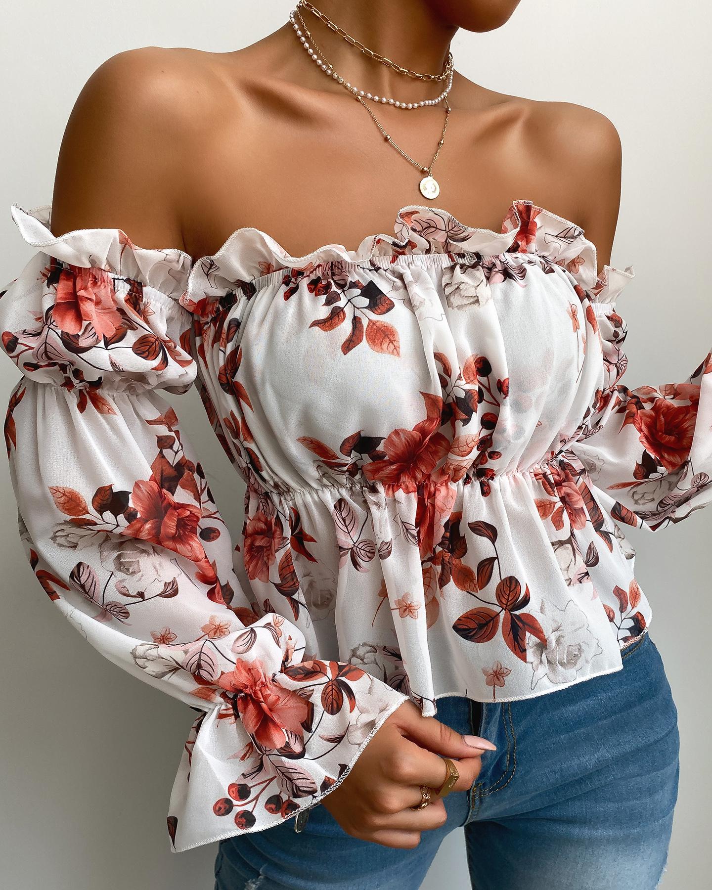 

Off Shoulder Floral Print Frill Hem Ruched Top, White