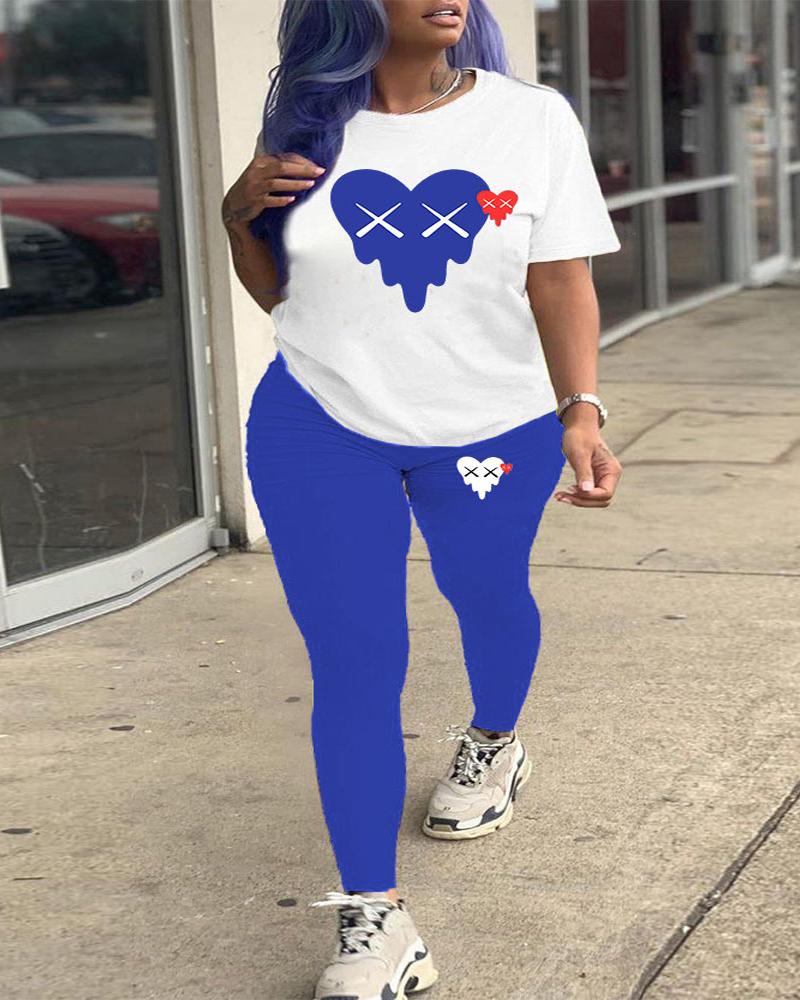 

Plus Size Heart Print Casual Top & Pants Set, Blue