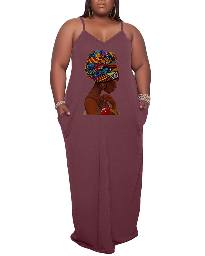 

Plus Size Figure Print Spaghetti Strap Maxi Dress, Brown