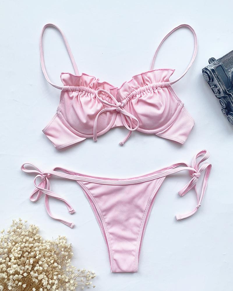 

Frill Hem Sleeveless Tied Detail Bikini Set, Pink