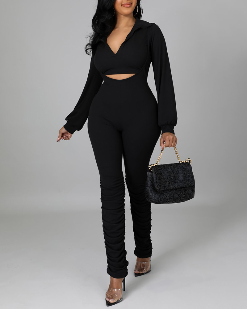 

Lantern Sleeve Cutout Ruched Jumpsuit & Top Set, Black