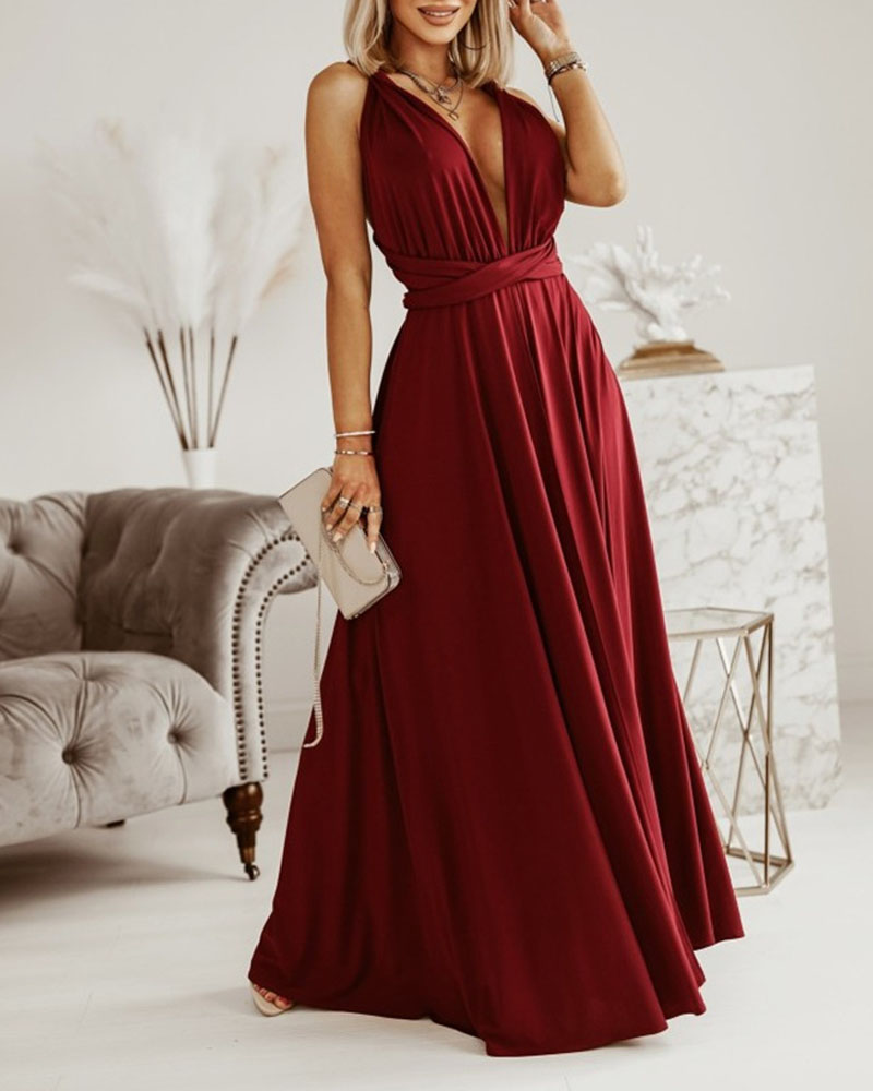 

Plunging Neck Tied Detail Backless High Slit Dress, Wine red