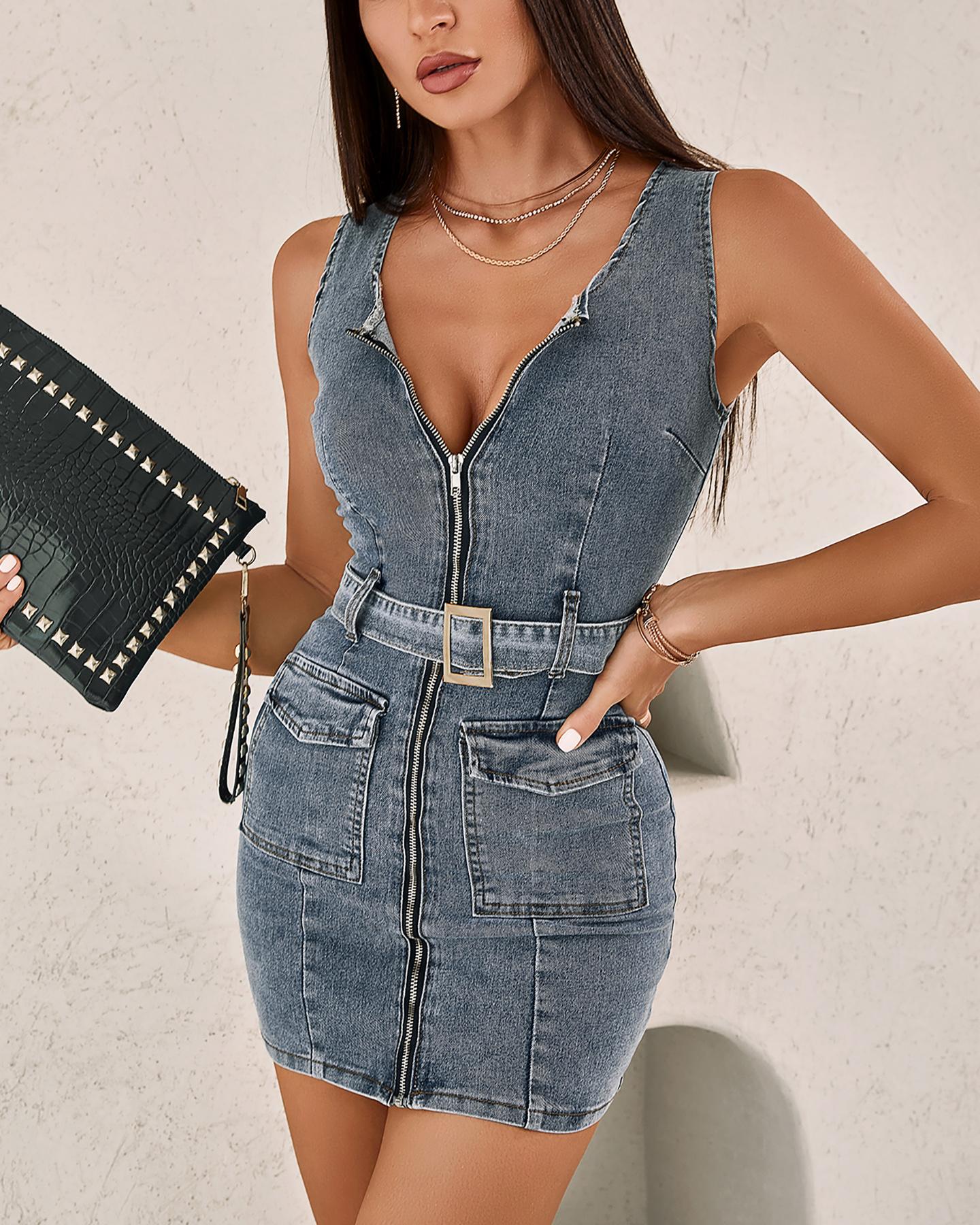 

Zip Up Flap Pocket Sleeveless Belted Denim Dress, Blue