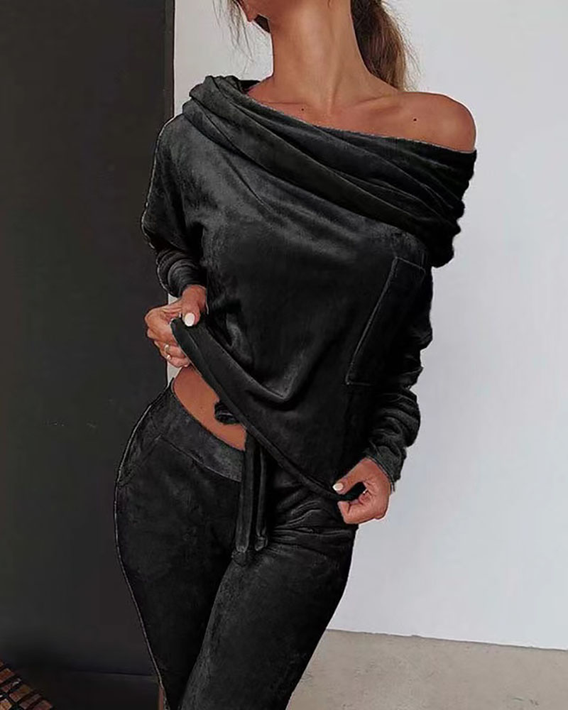 

Off Shoulder Velvet Drawstring Top & Pants Set, Black