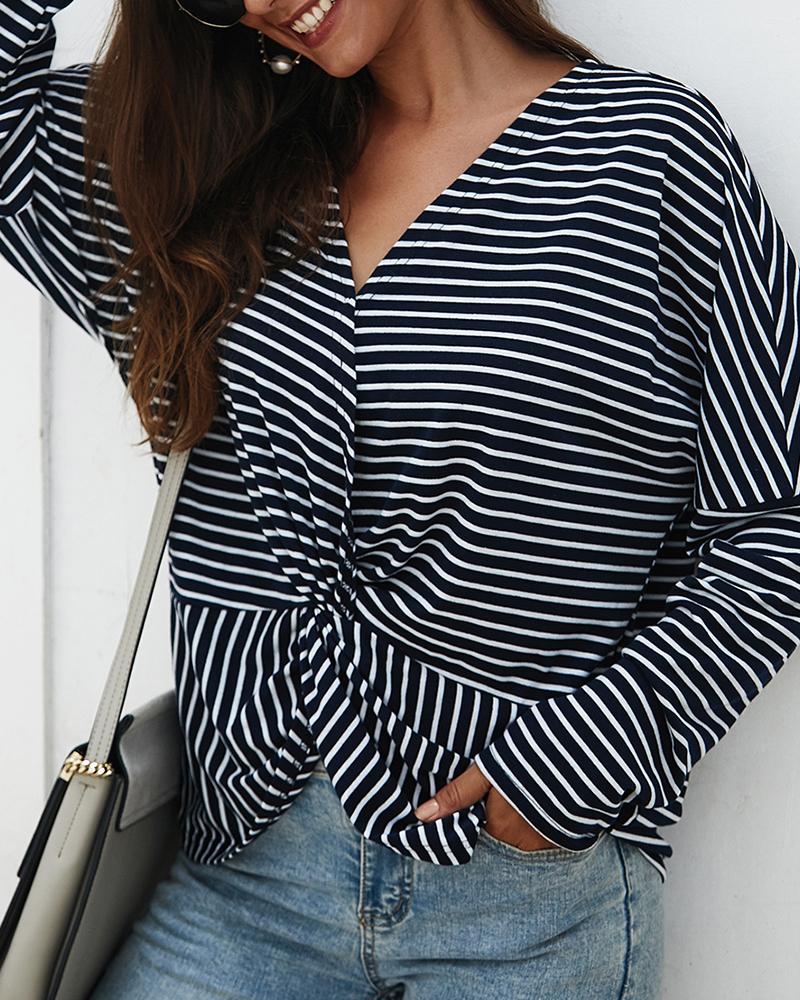 

Long Sleeve V-neck Twist Front Striped Top, Blue