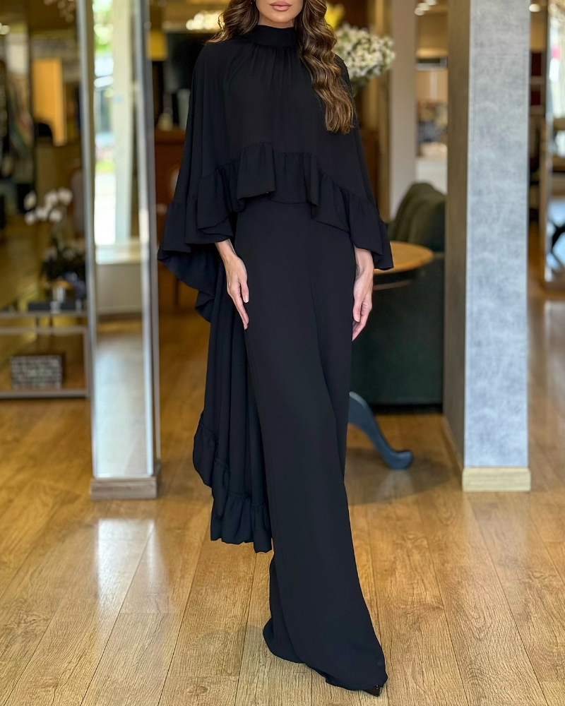 

2 Pieces Outfit High Neck Hollow-out Back Ruffles High-Low Hem Cape and Casual Elastic Back Waist Wide Leg Pants Set, Black
