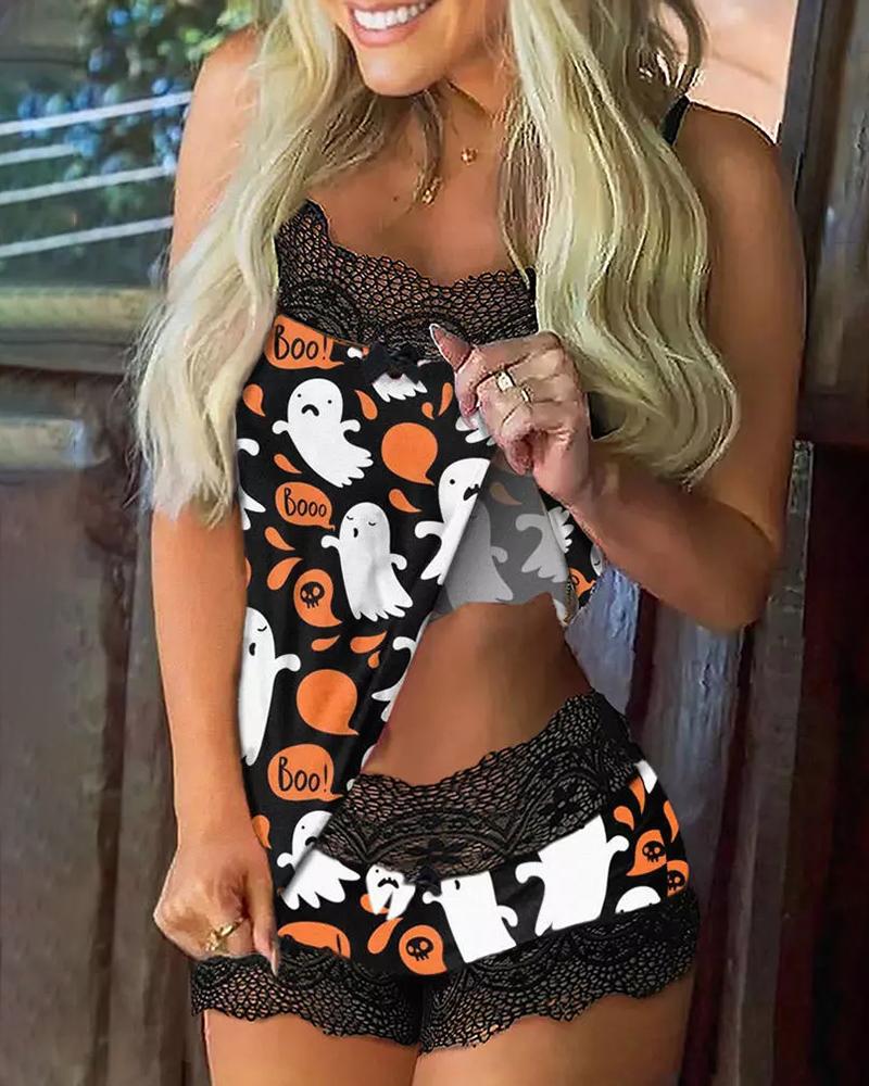 

Halloween Ghost Print Lace Trim Pajamas Set, Orange