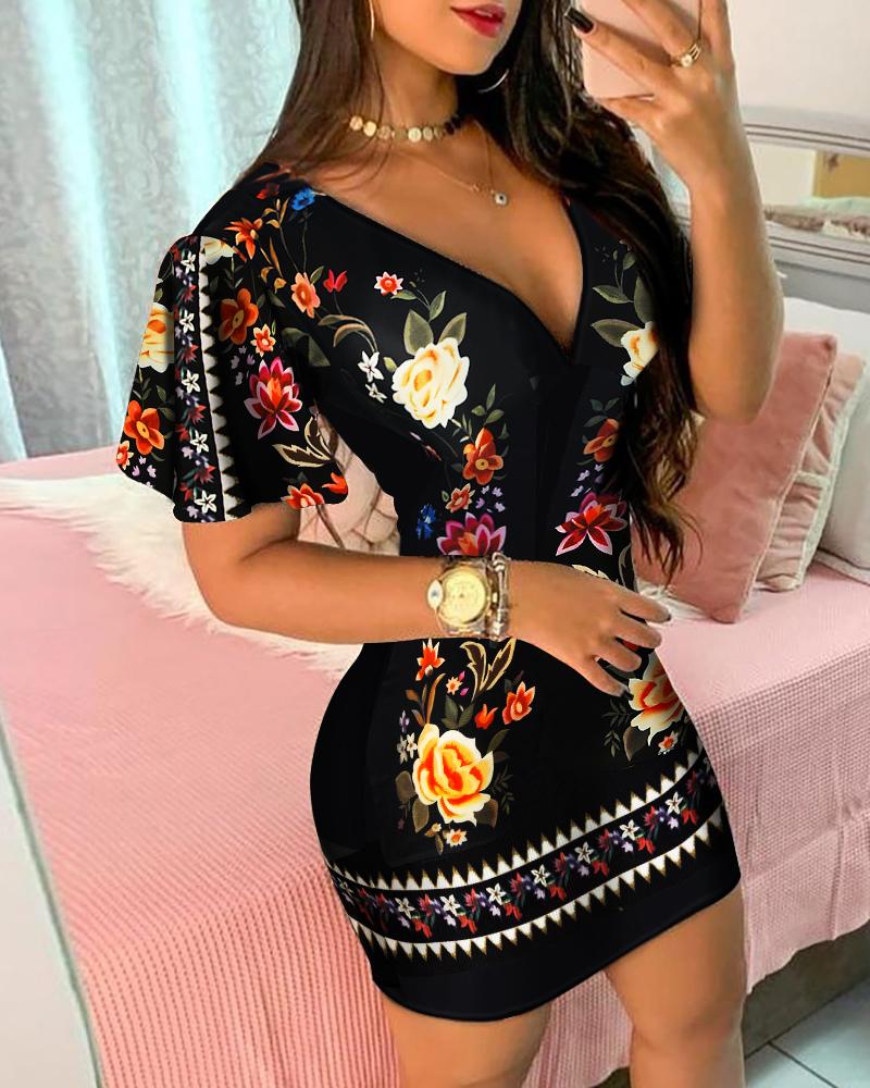 

Ruffles Sleeve Floral Print Bodycon Dress, Black