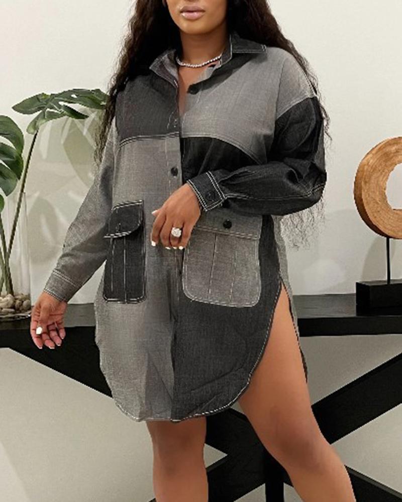 

Colorblock Buttoned Slit Denim Dress, Gray