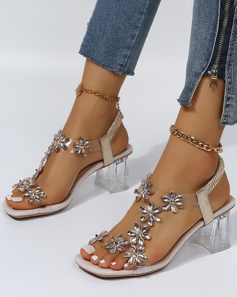 

Rhinestone Floral Pattern Chunky Heels, Gold