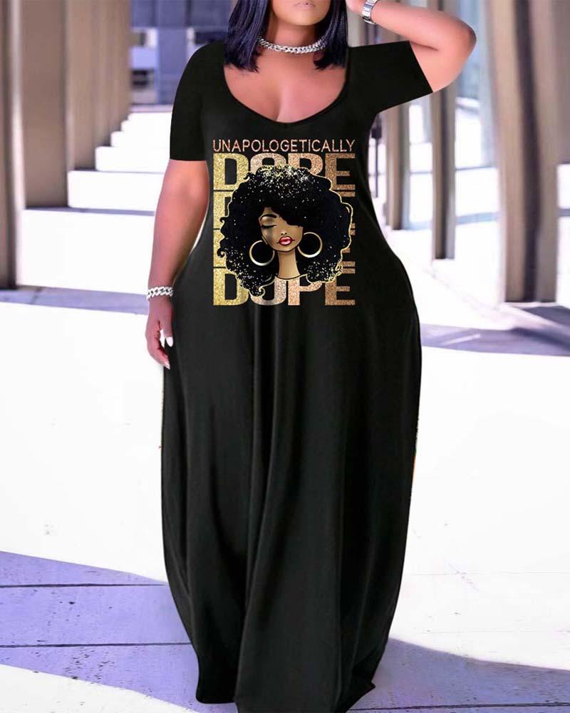 

Plus Size Figure Letter Print Casual Maxi Dress, Black