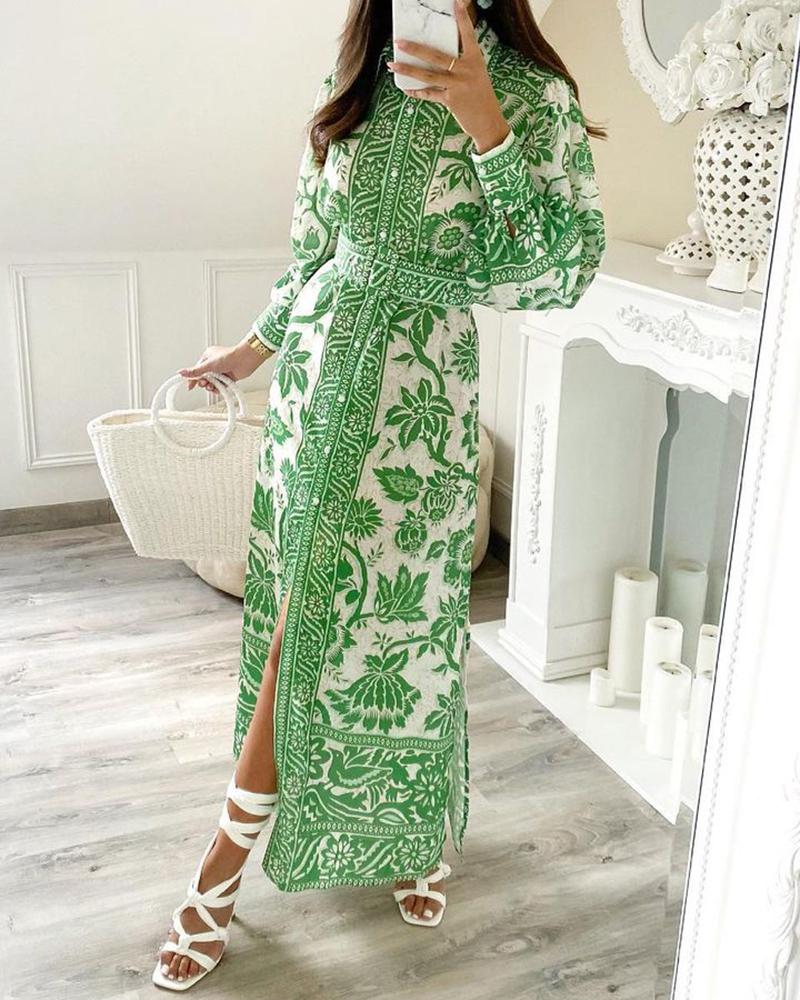 

Floral Print Lantern Sleeve Slit Shirt Dress, Green