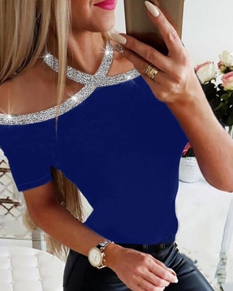 

Rhinestone Details Halterneck Short Sleeve Blouse, Blue