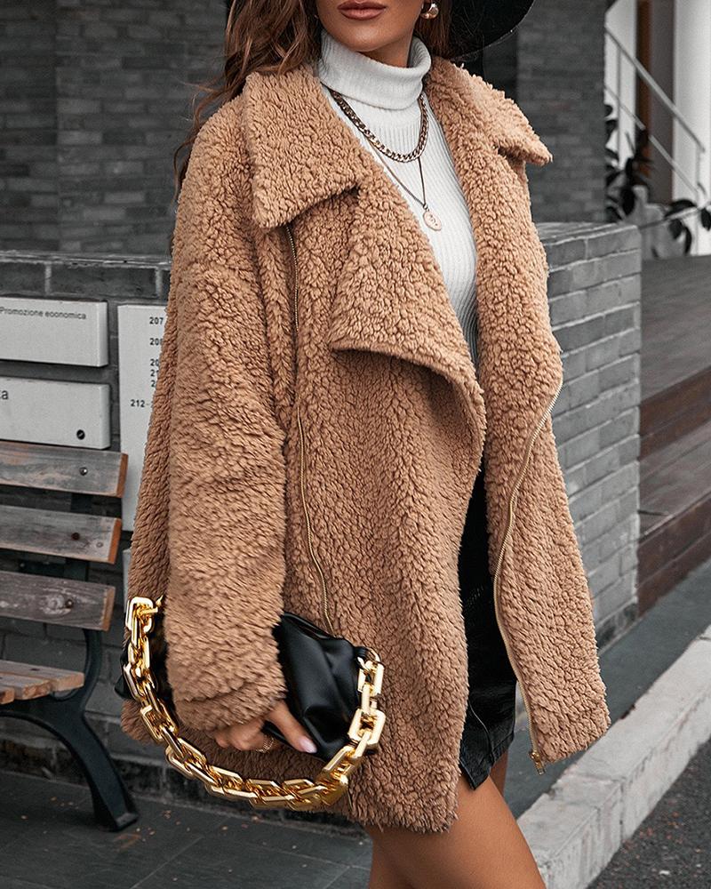 

Zipper Design Long Sleeve Teddy Coat, Khaki