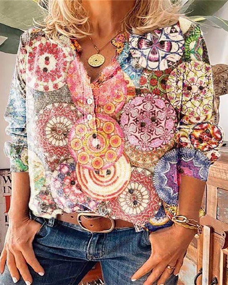 

All Over Print V Neck Button Design Top, Multicolor