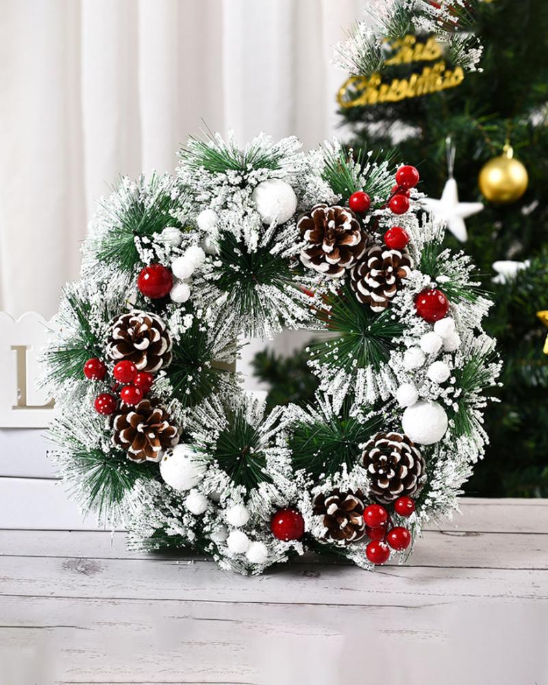 

Christmas Artificial Flower Wreath With Pine Needles & Snowflake For Front Door Christmas Party Wall Window Decoration, Style1