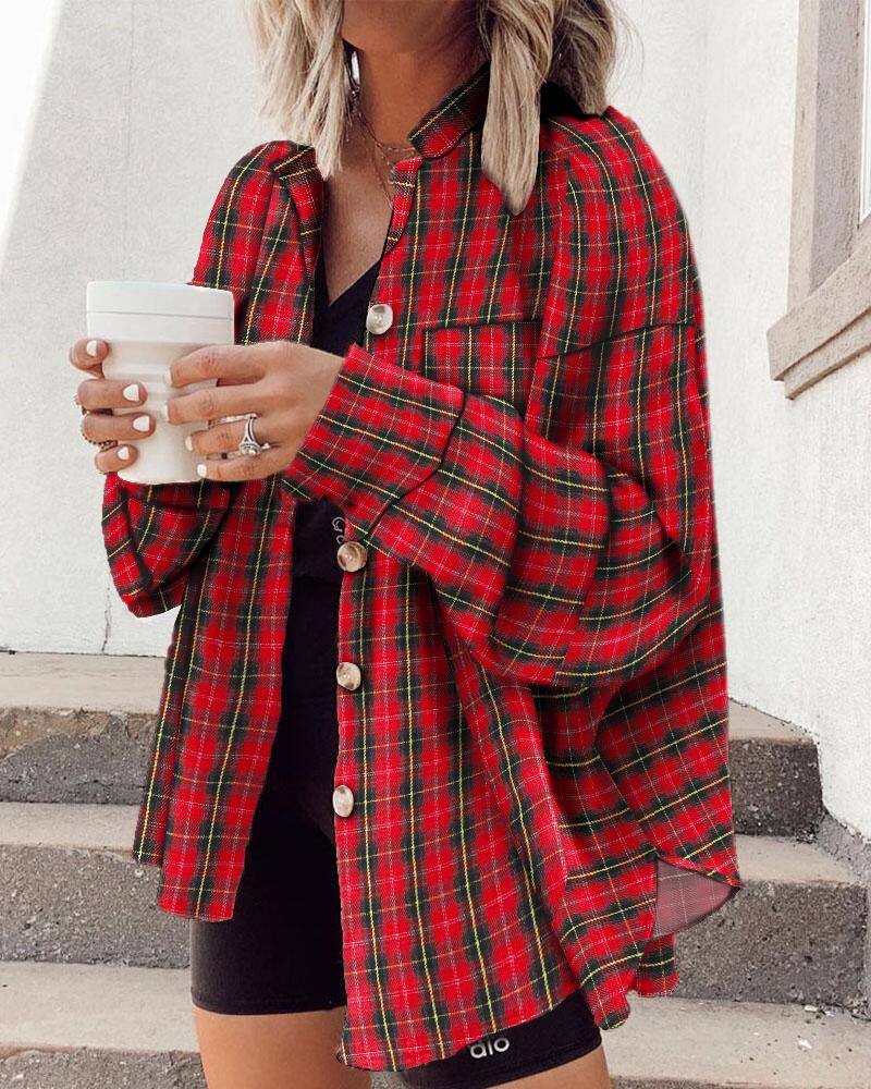 

Plaid Print Batwing Sleeve Button Front Shacket, Red