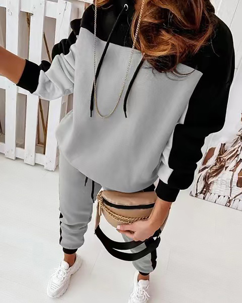 

Colorblock Hooded Top & Drawstring Pants Set, Gray