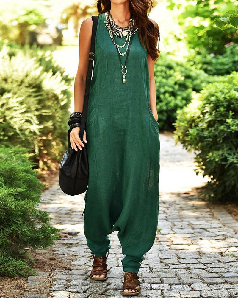 

Pocket Decor Sleeveless Casual Harem Jumpsuit, Dark green