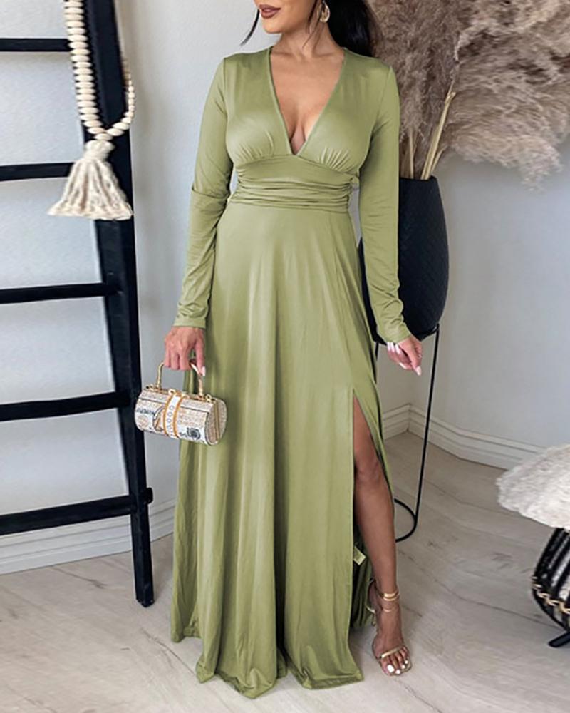 

Long Sleeve High Slit Ruched Maxi Dress, Green