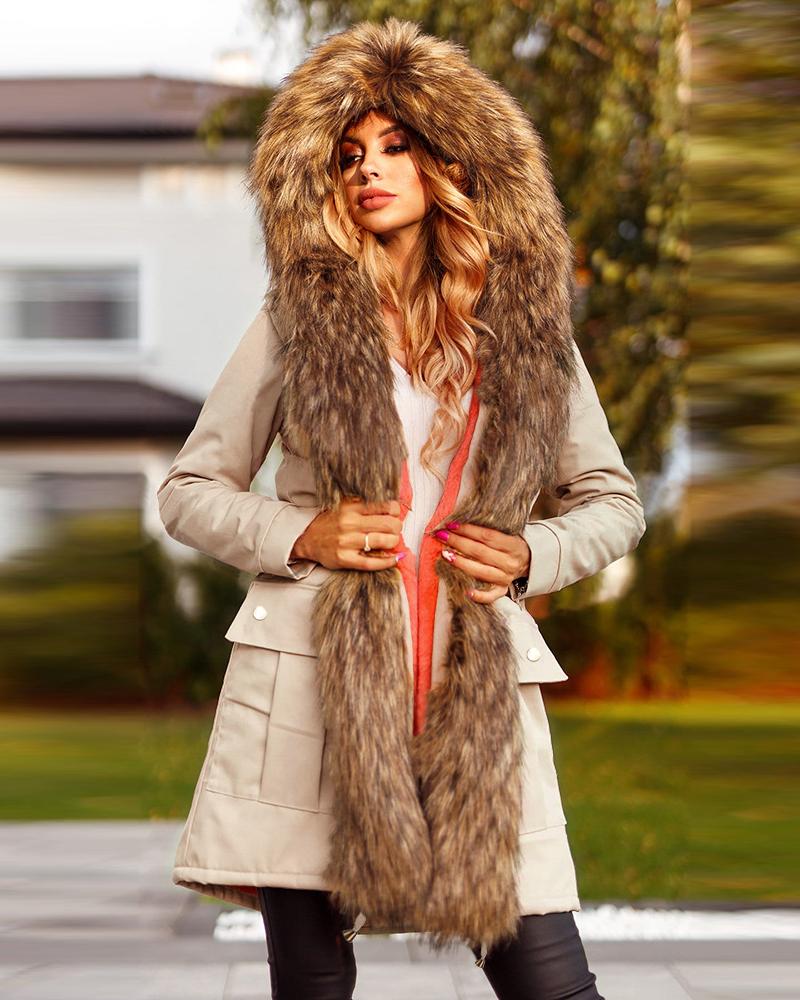 

Pocket Design Drawstring Waist Faux Fur Hooded Parka Coat, Apricot