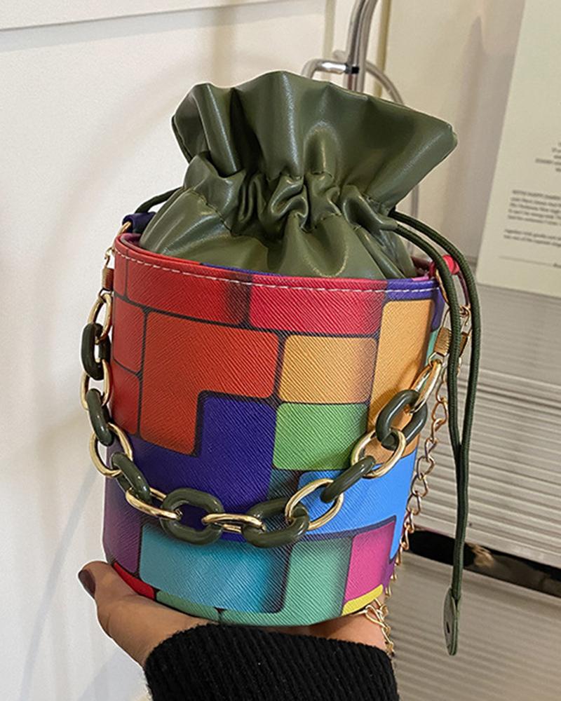 

Geometric Colorblock Drawstring Bucket Bag, Green