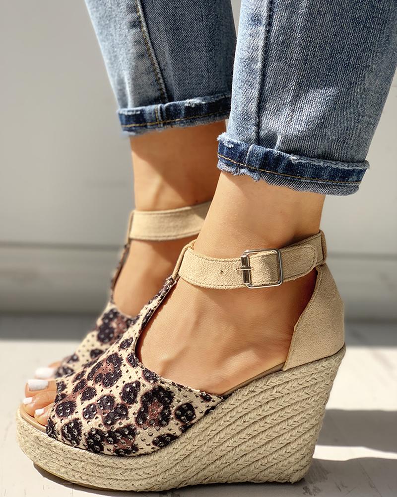 

Suede Hollow Out Espadrille Wedge Sandals, Leopard