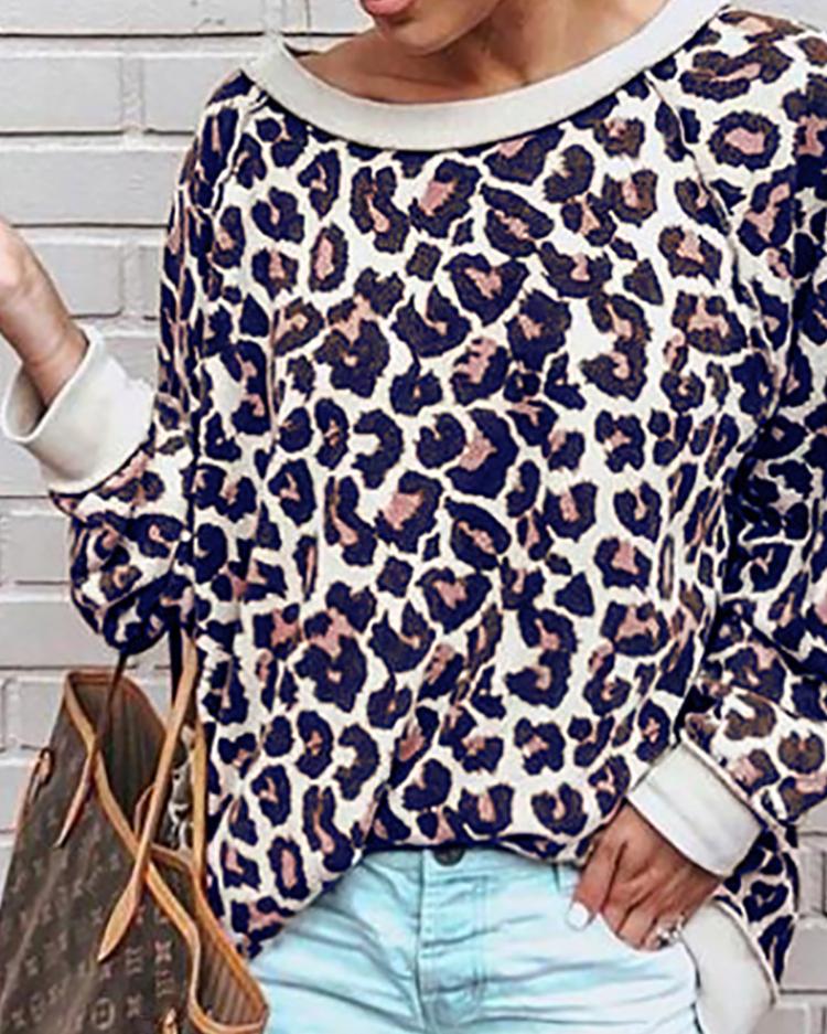 

Leopard Print Binding Casual Sweatshirt, Dark blue