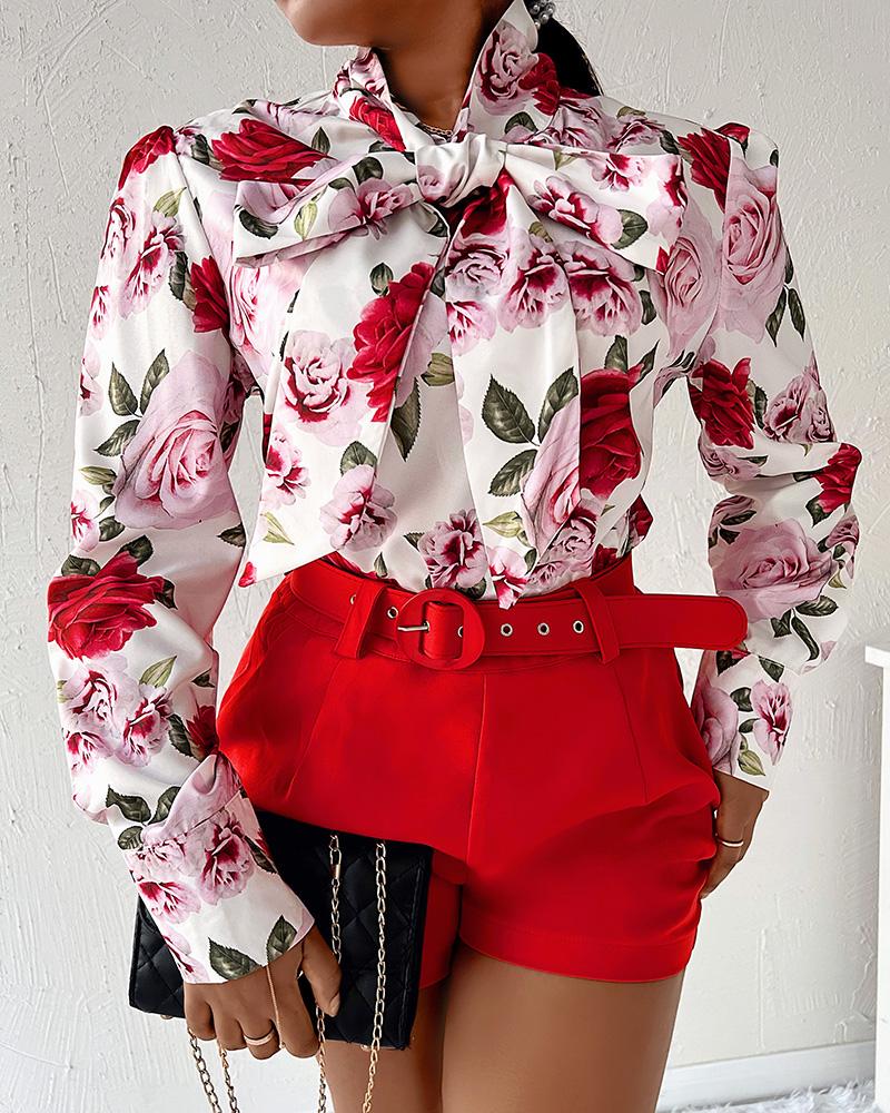 

Floral Print Tied Detail Top & High Waist Shorts Set, Red