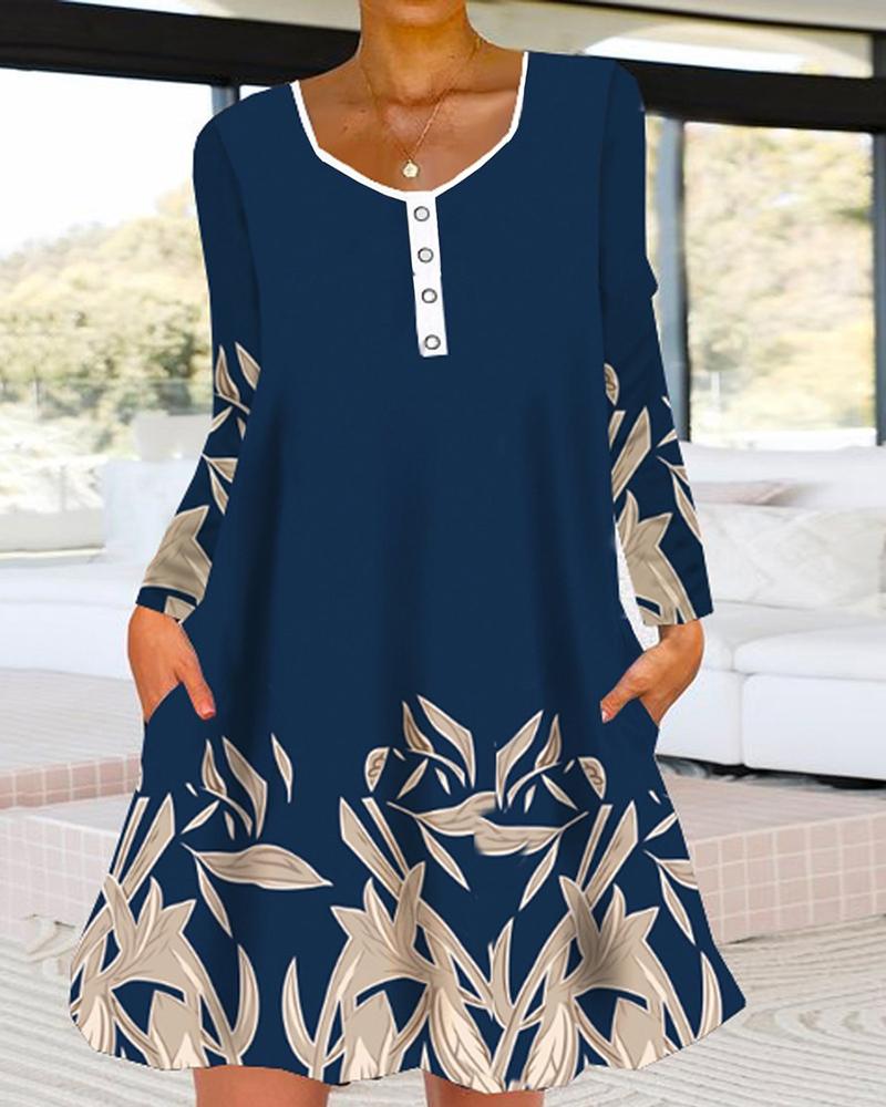 

Plants Print Pocket Design Casual Dress, Blue