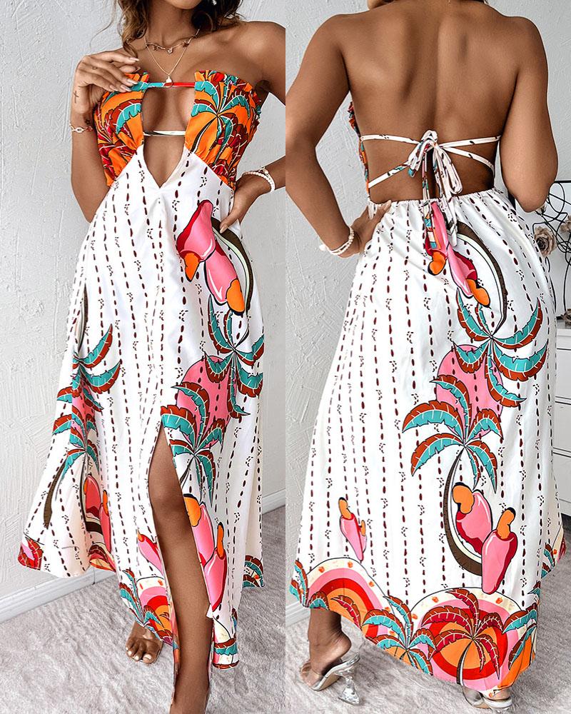 

Tropical Print Tied Detail Bandeau Maxi Dress, Apricot