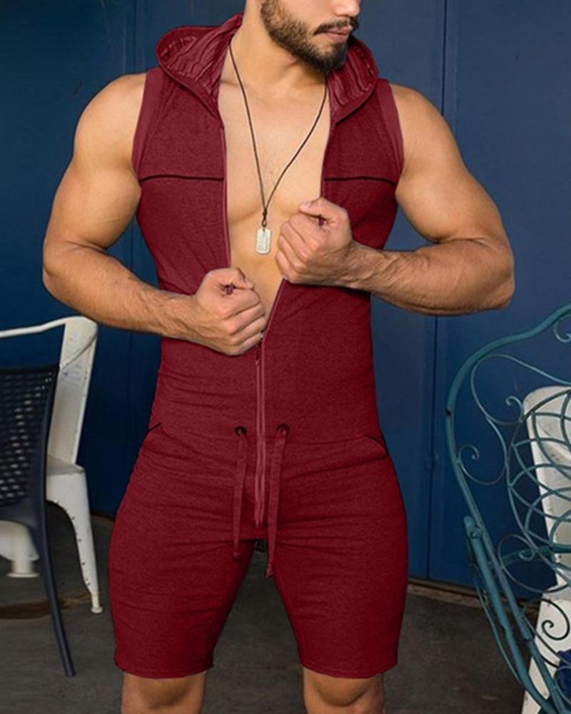 

Solid Zipper Closure Sleeveless Drawstring Rompers, Wine red