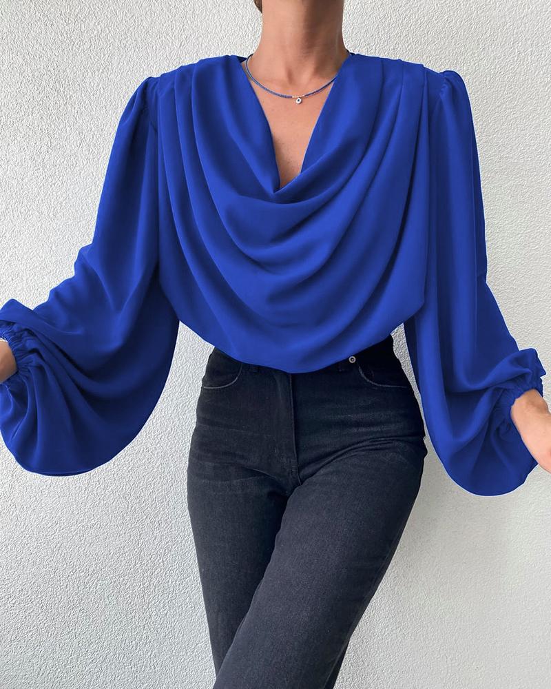 

Ruched Lantern Sleeve Cowl Neck Top, Blue