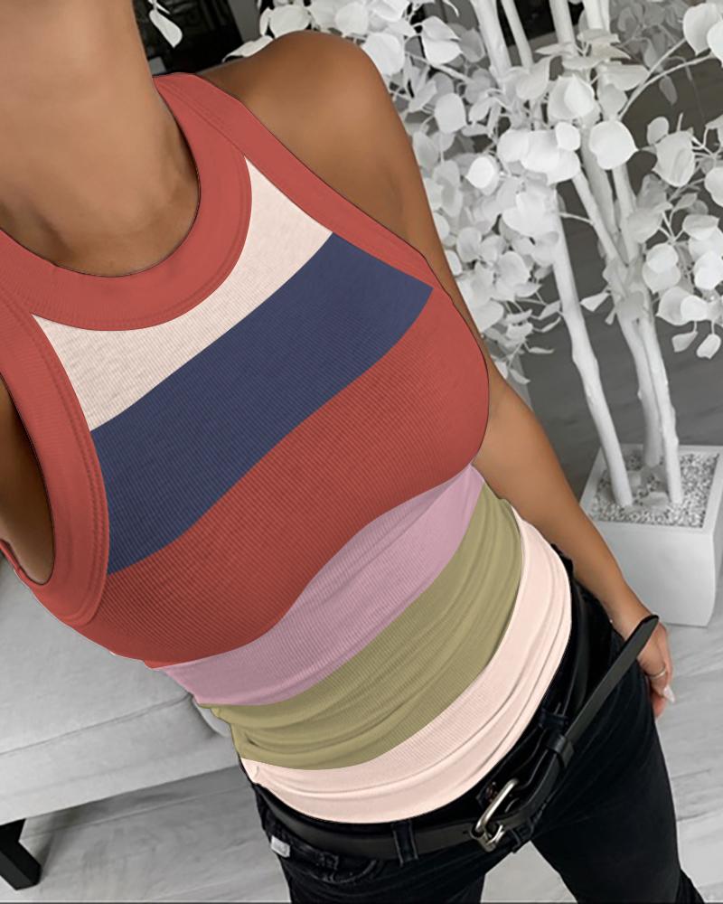 

Striped Crew Neck Casual Knit Tank Top, Multicolor