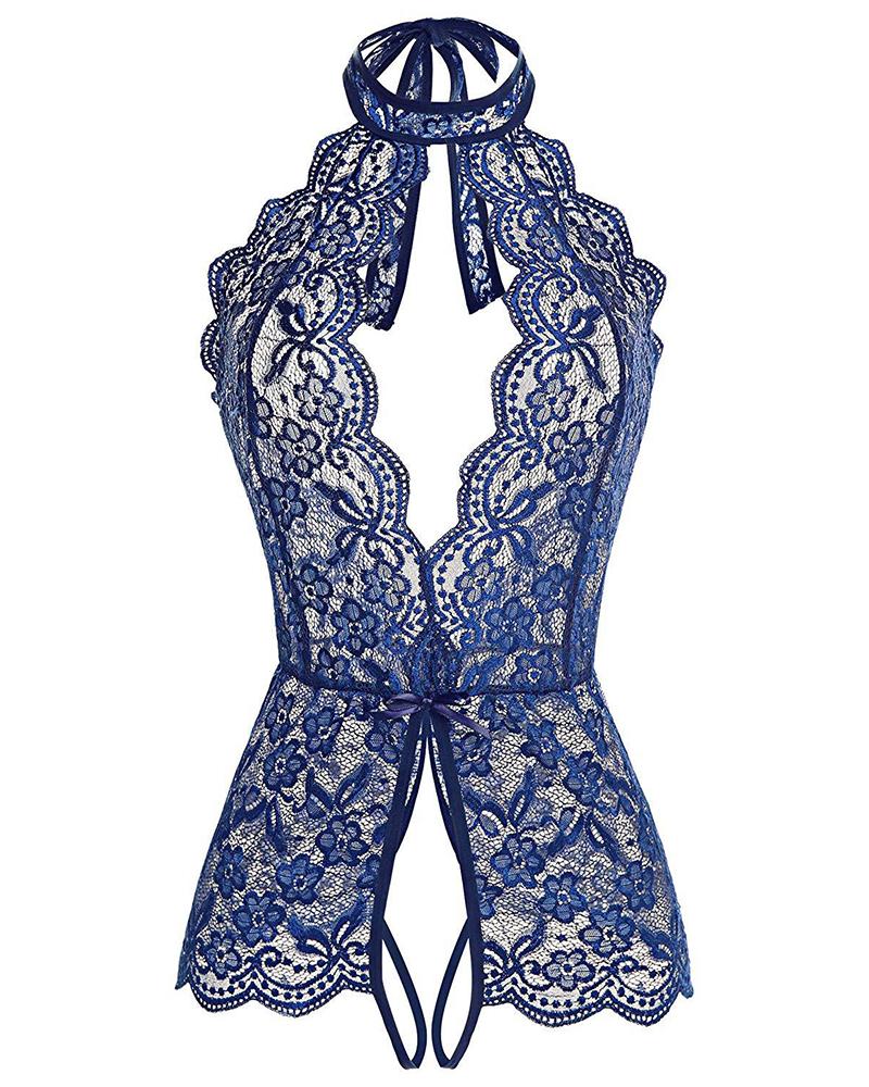 

Crochet Lace Sheer Mesh Halter Teddy, Dark blue