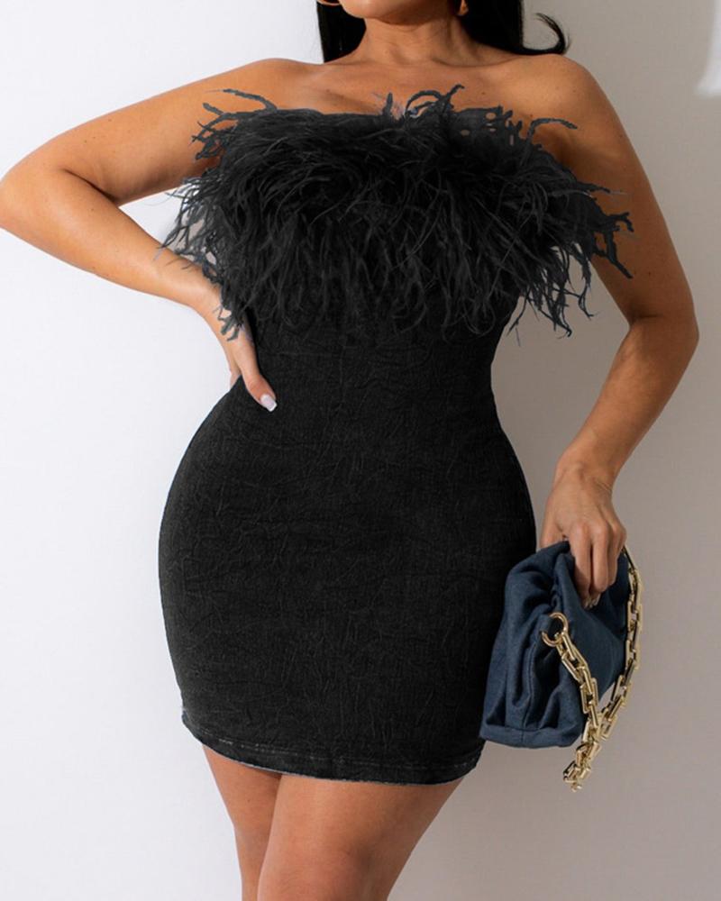 

Feather Detail Bandeau Party Dress, Black